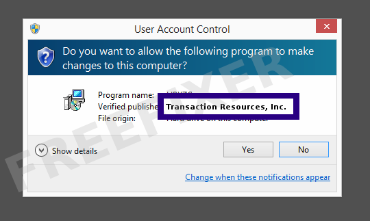 Screenshot where Transaction Resources, Inc. appears as the verified publisher in the UAC dialog